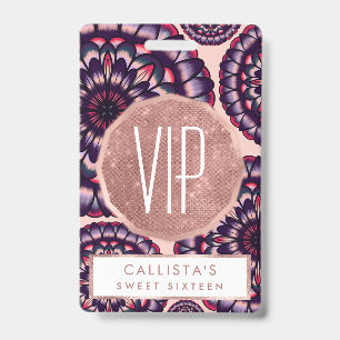 Bohemian Pink Purple Painted Acrylic Flowers ID Badge