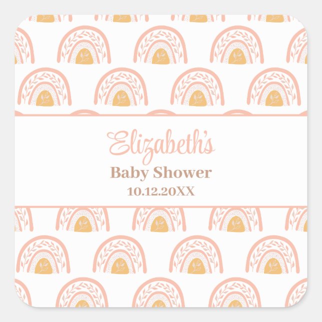 Bohemian Pink Rainbow Baby Shower Square Sticker (Front)