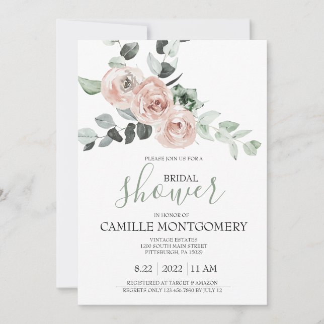 Bohemian Pink Rose Bridal Shower Invitation (Front)
