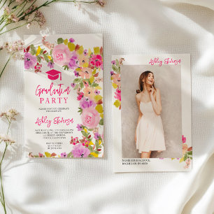 Bohemian pink roses wildflowers spring graduation announcement