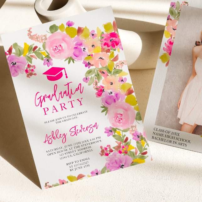Bohemian pink roses wildflowers spring graduation invitation (Bohemian pink roses wildflowers spring graduation invitation)