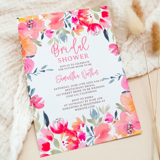 Bohemian pink watercolor flowers bridal shower invitation (Bohemian pink watercolor flowers bridal shower invitation)