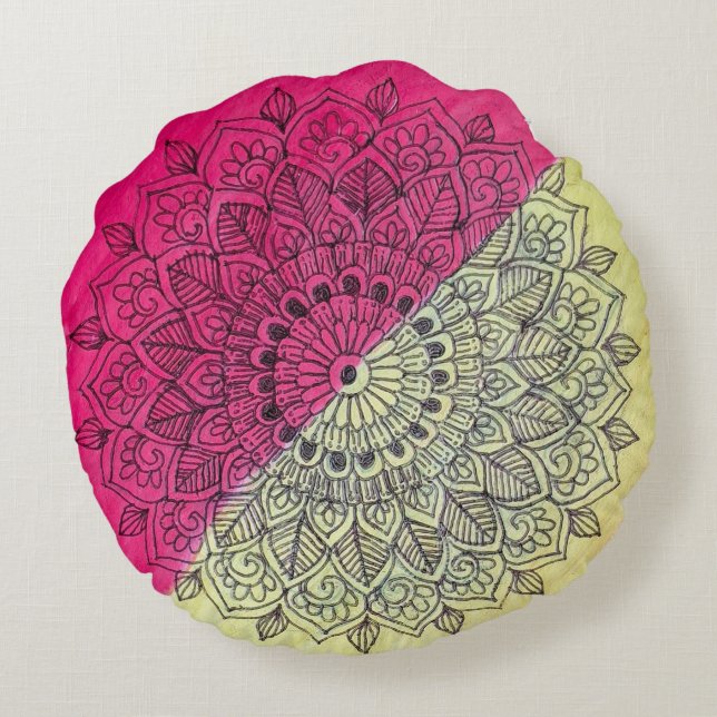 Bohemian Pink & Yellow Mandala Round Throw Pillow (Back)