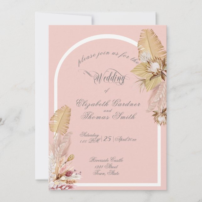 Bohemian Pompas Grass Tropical Leaves Wedding Invitation (Front)