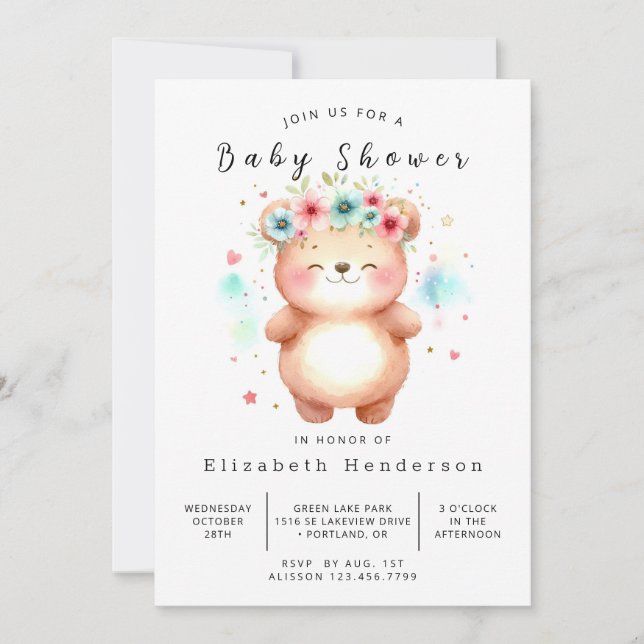 Bohemian Printable Bear Baby Shower Invitation (Front)