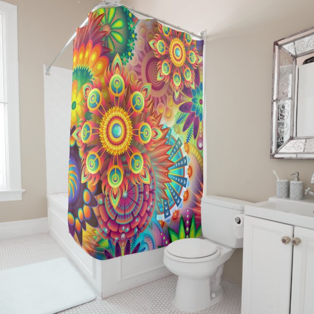 Bohemian Psychedelic Garden Retro Boho Colourful Shower Curtain (In Situ)