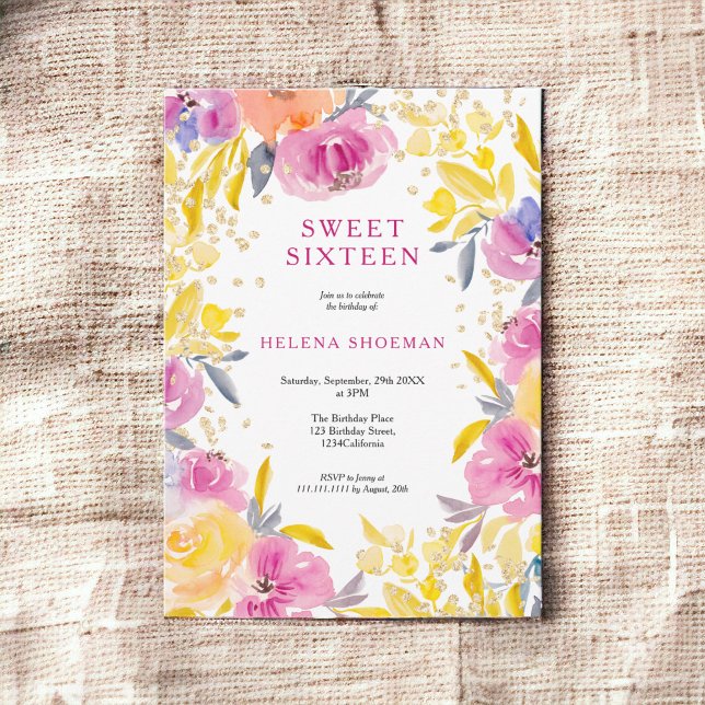 Bohemian purple gold glitter floral photo Sweet 16 Invitation (Bohemian purple gold glitter floral photo Sweet 16 Invitation)