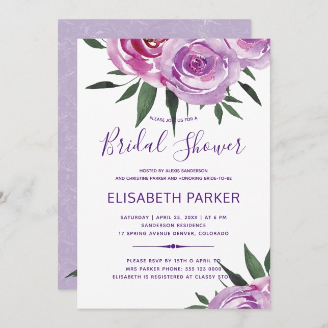 Bohemian purple mauve chic peonies bridal shower invitation (Front/Back)