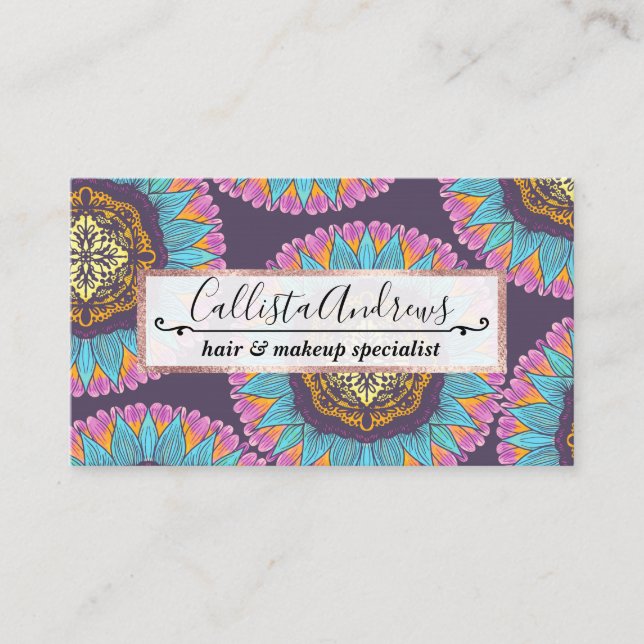 Bohemian Purple Pink Yellow Lace Mandalas Business Card (Front)
