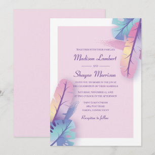 Bohemian Purple Watercolor Feathers Boho Wedding Invitation