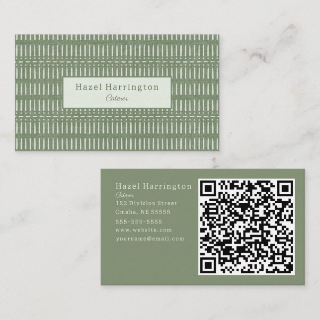 Bohemian QR Code Business Card Sage Green Tribal (Front/Back)