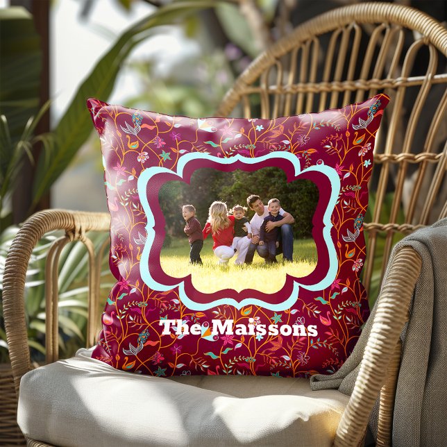 Bohemian Raspberry Photo With Name Cushion (Creator Uploaded)