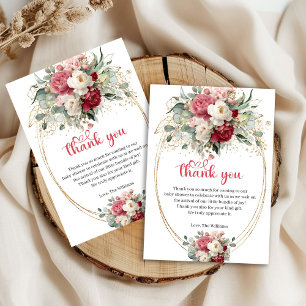 Bohemian Red Burgundy Gold Floral Baby Shower Thank You Card