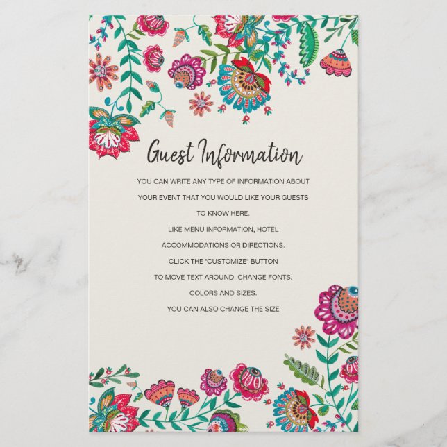 Bohemian red green Folk Flowers Guest Information (Front)