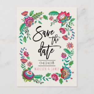 Bohemian Red & green Folk Flowers   Save the Date Announcement Postcard