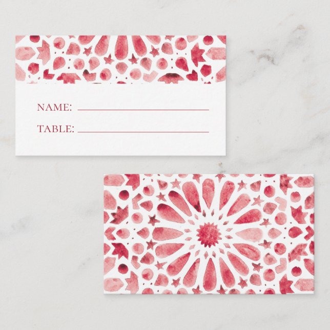 Bohemian Red Moroccan Tile Wedding Place Card (Front/Back)