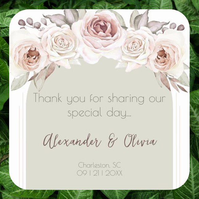 Bohemian Rose Arch Wedding Favour Square Sticker (Bohemian Rose Arch Wedding Favor Sticker)