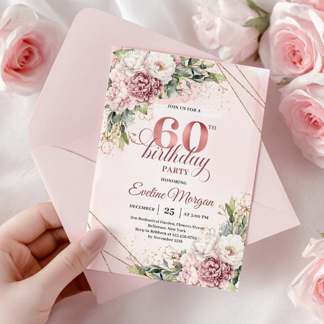 Bohemian Rose Gold Floral Greenery 60th Birthday Invitation (Bohemian Rose Gold Floral Greenery 60th Birthday)