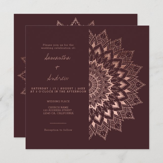 Bohemian rose gold floral mandala chic red wedding invitation (Front/Back)