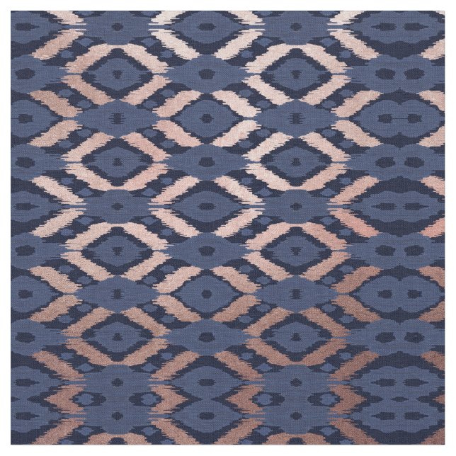 Bohemian Rose Gold Navy Blue Ikat Pattern Fabric (Close Up)