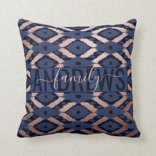 Bohemian Rose Gold Navy Blue Ikat Pattern Monogram Cushion
