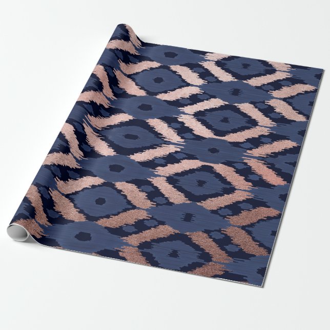 Bohemian Rose Gold Navy Blue Ikat Pattern Wrapping Paper (Unrolled)