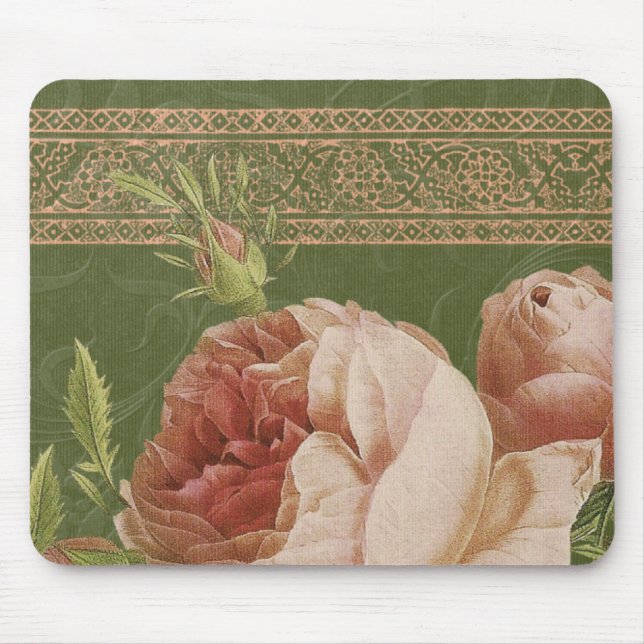 BOHEMIAN ROSE in Peach and Olive Green Mouse Pad (Front)