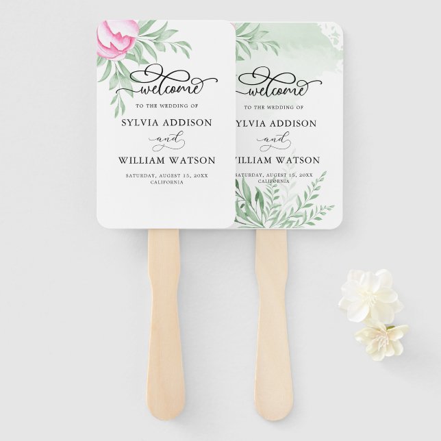 Bohemian Rose Pink Gold Floral Greenery Wedding Hand Fan (Front and Back)