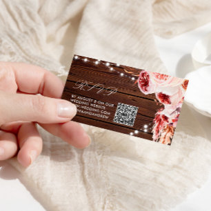 Bohemian Rose Rustic Wood Wedding QR Code RSVP Enclosure Card
