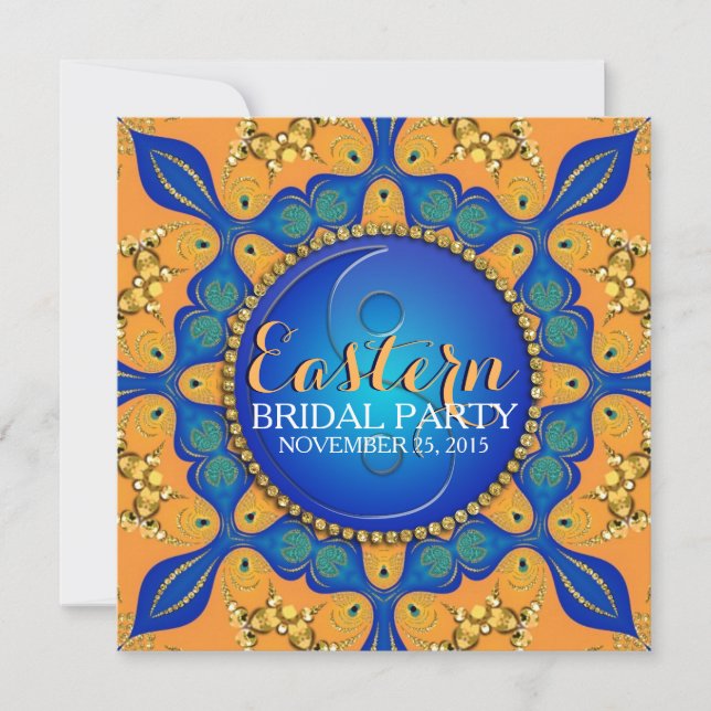 Bohemian Royal Blue Gold Orange Bridal Shower Invitation (Front)