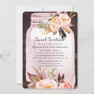 Bohemian Rustic Mason Jar Pink Sweet 16 Birthday Invitation