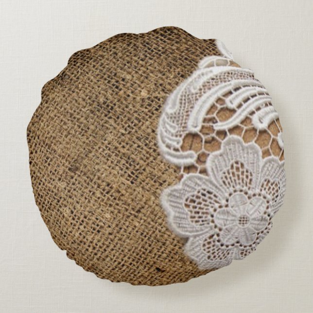 bohemian rustic western country burlap and lace round cushion (Back)