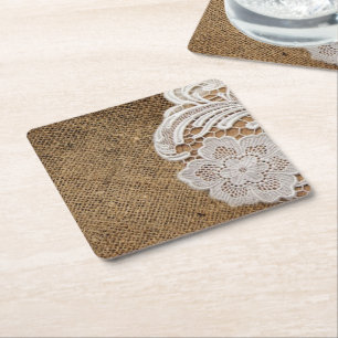 bohemian rustic western country burlap and lace square paper coaster