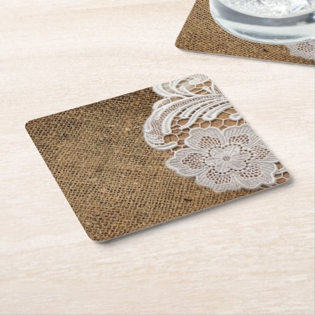 bohemian rustic western country burlap and lace square paper coaster (Angled)