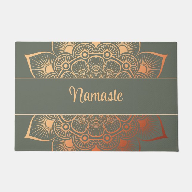 Bohemian Sage Green and Peach Mandala Custom Text  Doormat (Front)