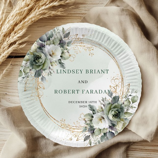 Bohemian Sage Green Botanical Wedding Paper Plates (Bohemian Sage Green Botanical Wedding Paper Plates)