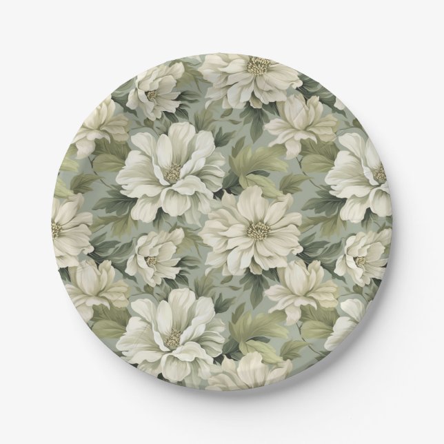 Bohemian sage green flowers paper plate (Front)