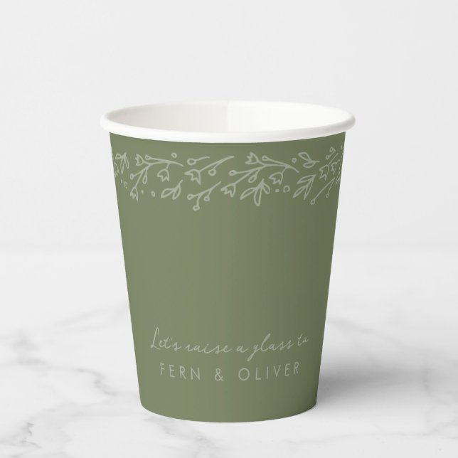 Bohemian Sage Green Garden Floral Bridal Shower Paper Cups (Left)