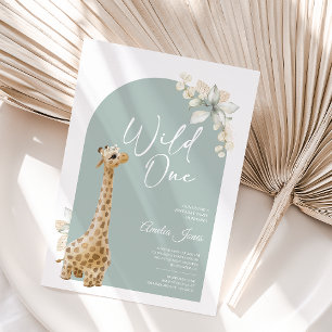 Bohemian Sage Green Giraffe Wild One Birthday  Invitation