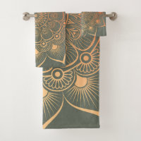 Bohemian Sage Green Peach Mandala Bath Towel Set