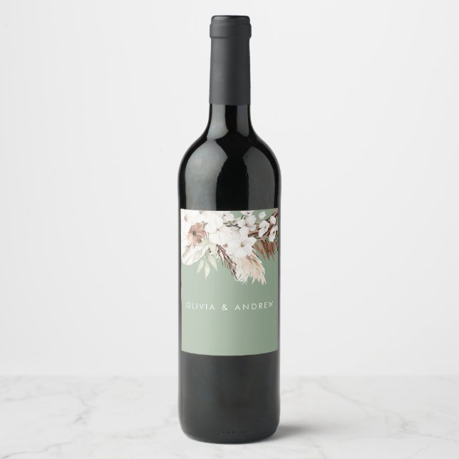 Bohemian Sage Modern Floral Wedding Name Wine Label (Front)