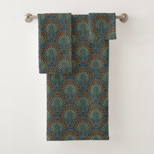 Bohemian Scallops Fan, Olive, Rust, Navy Blue Bath Towel Set