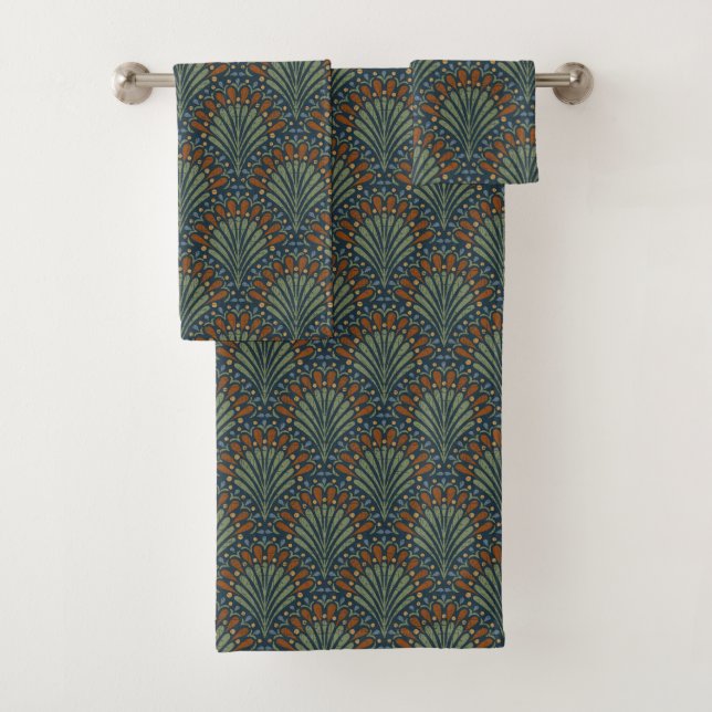 Bohemian Scallops Fan, Olive, Rust, Navy Blue Bath Towel Set (Insitu)