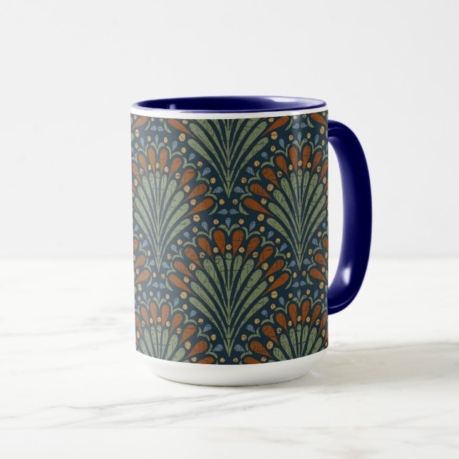 Bohemian Scallops Fan, Olive, Rust, Navy Blue Mug (Front Right)