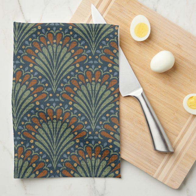 Bohemian Scallops Fan, Olive, Rust, Navy Blue Tea Towel (Quarter Fold)