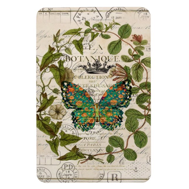 bohemian scripts french botanical butterfly magnet (Vertical)