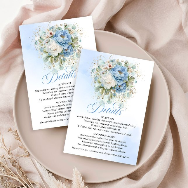 Bohemian Sky Blue White Peonies Rustic Wedding  Enclosure Card (Boho Navy Blue White Peonies Wedding Details Card Gold)