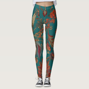 Bohemian Style Emerald & Ruby Feather Print Leggings