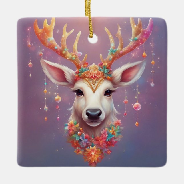 Bohemian Style Reindeer  Ceramic Ornament (Front)