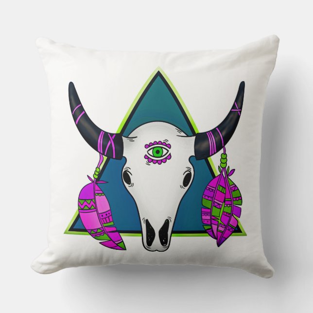 Bohemian Style Skull and Feathers Cushion (Front)